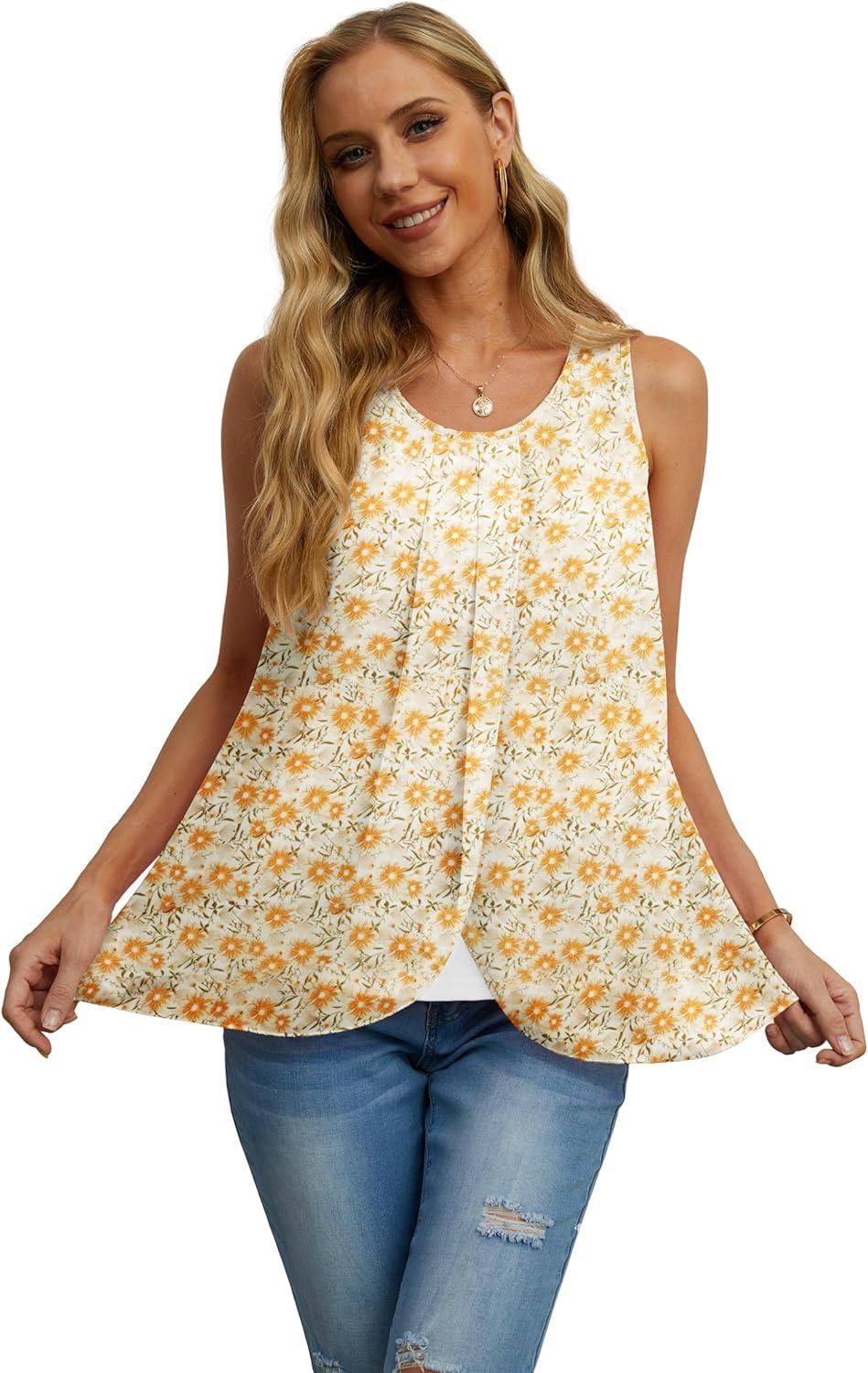 imageIWOLLENCE Womens Summer Tank Tops Sleeveless Chiffon Double Layers Blouse Loose Round Neck Casual Shirts14 Flower Yellow