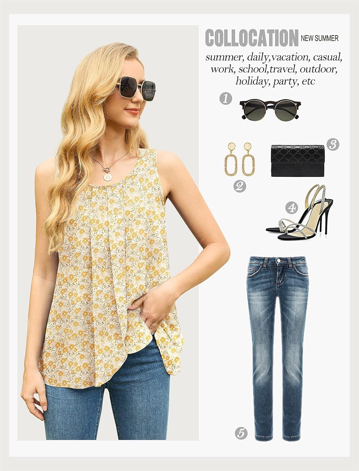 imageIWOLLENCE Womens Summer Tank Tops Sleeveless Chiffon Double Layers Blouse Loose Round Neck Casual Shirts14 Flower Yellow