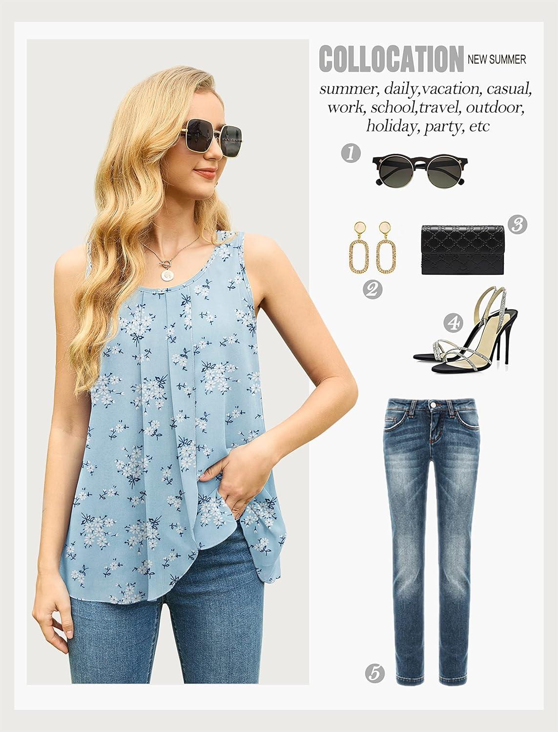 imageIWOLLENCE Womens Summer Tank Tops Sleeveless Chiffon Double Layers Blouse Loose Round Neck Casual Shirts15 Sunflower Blue