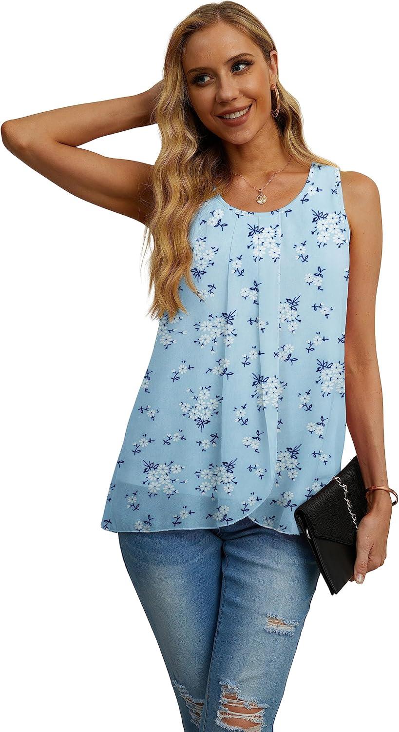 imageIWOLLENCE Womens Summer Tank Tops Sleeveless Chiffon Double Layers Blouse Loose Round Neck Casual Shirts15 Sunflower Blue