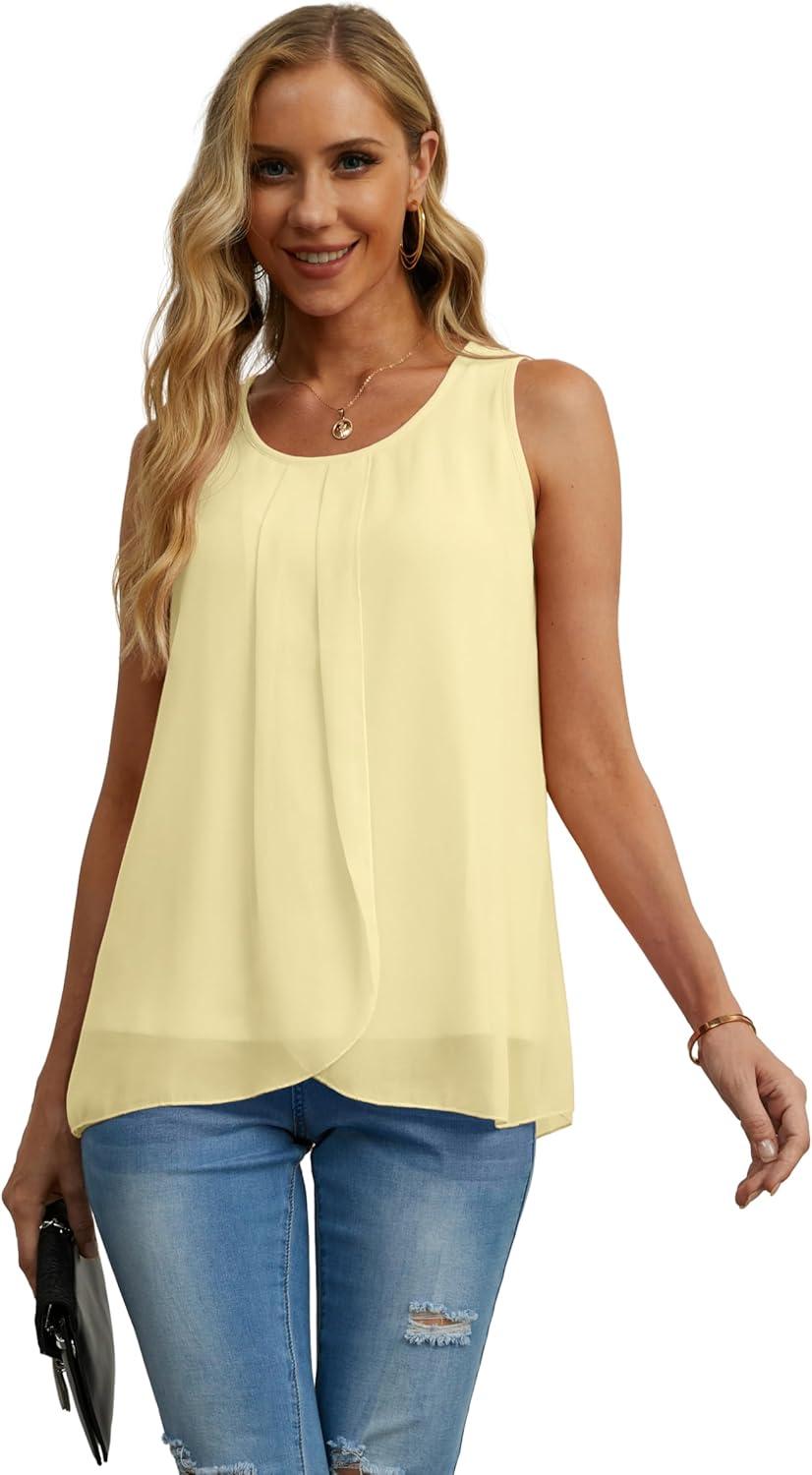 imageIWOLLENCE Womens Summer Tank Tops Sleeveless Chiffon Double Layers Blouse Loose Round Neck Casual Shirts16 Beige