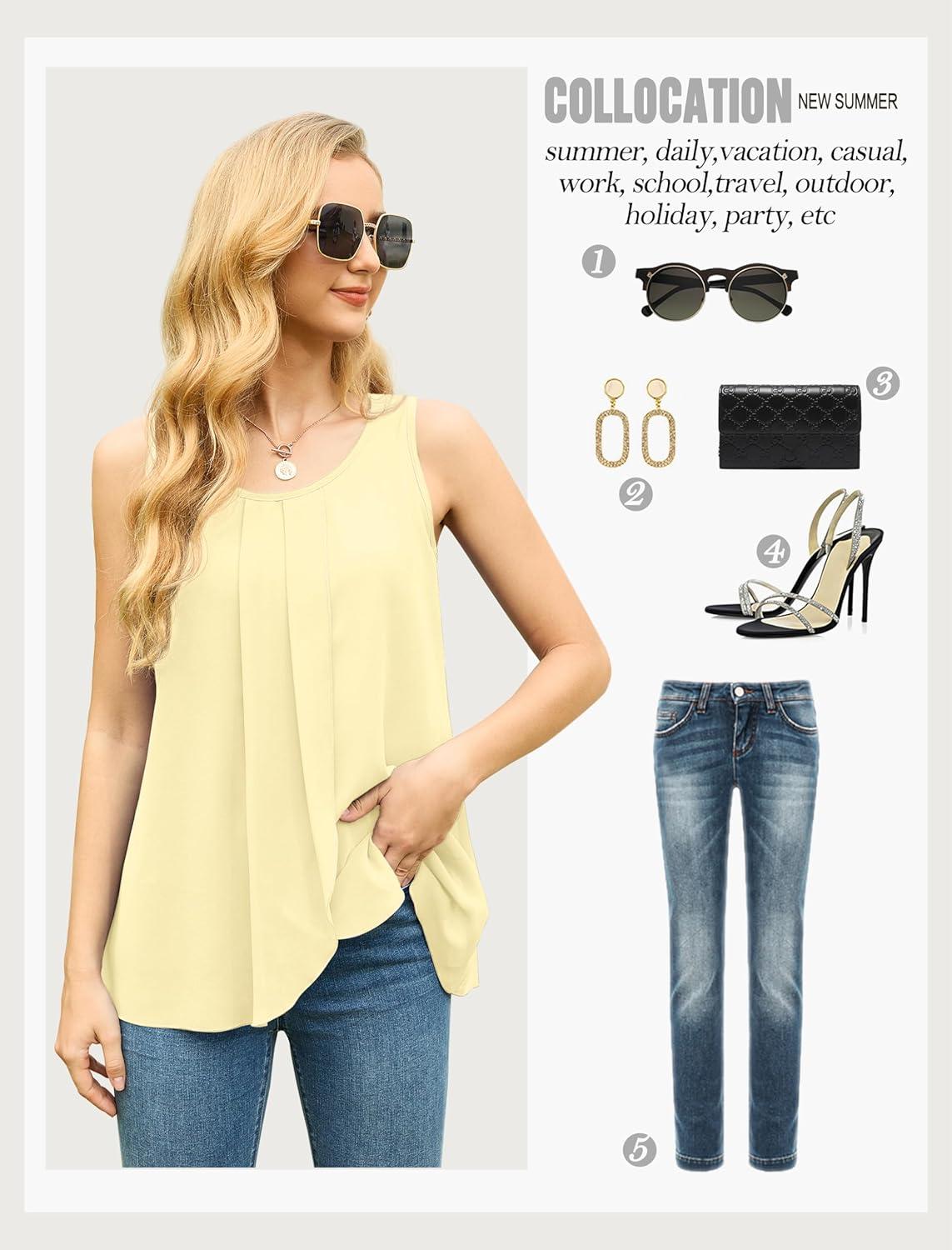 imageIWOLLENCE Womens Summer Tank Tops Sleeveless Chiffon Double Layers Blouse Loose Round Neck Casual Shirts16 Beige