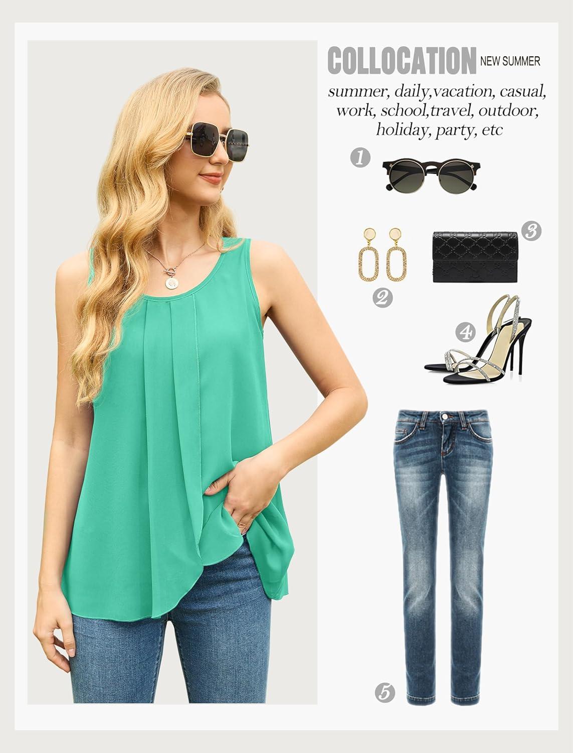 imageIWOLLENCE Womens Summer Tank Tops Sleeveless Chiffon Double Layers Blouse Loose Round Neck Casual Shirts17 Cyan