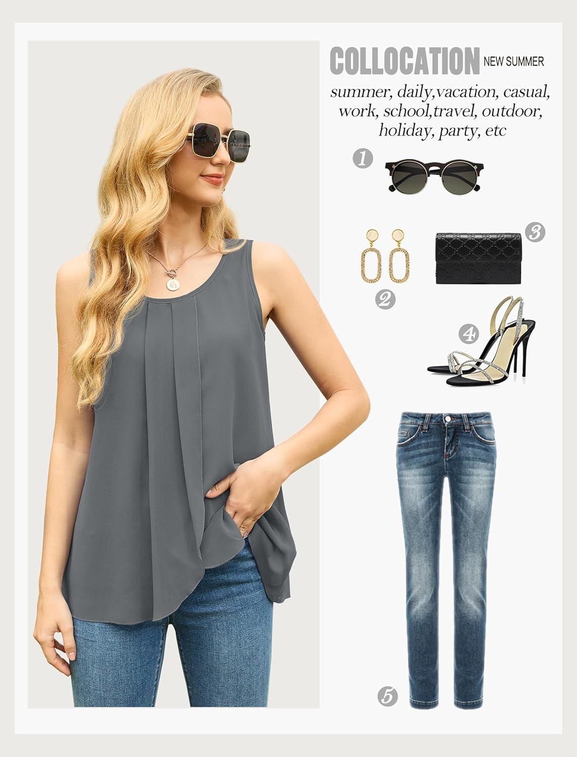 imageIWOLLENCE Womens Summer Tank Tops Sleeveless Chiffon Double Layers Blouse Loose Round Neck Casual Shirts18 Gray