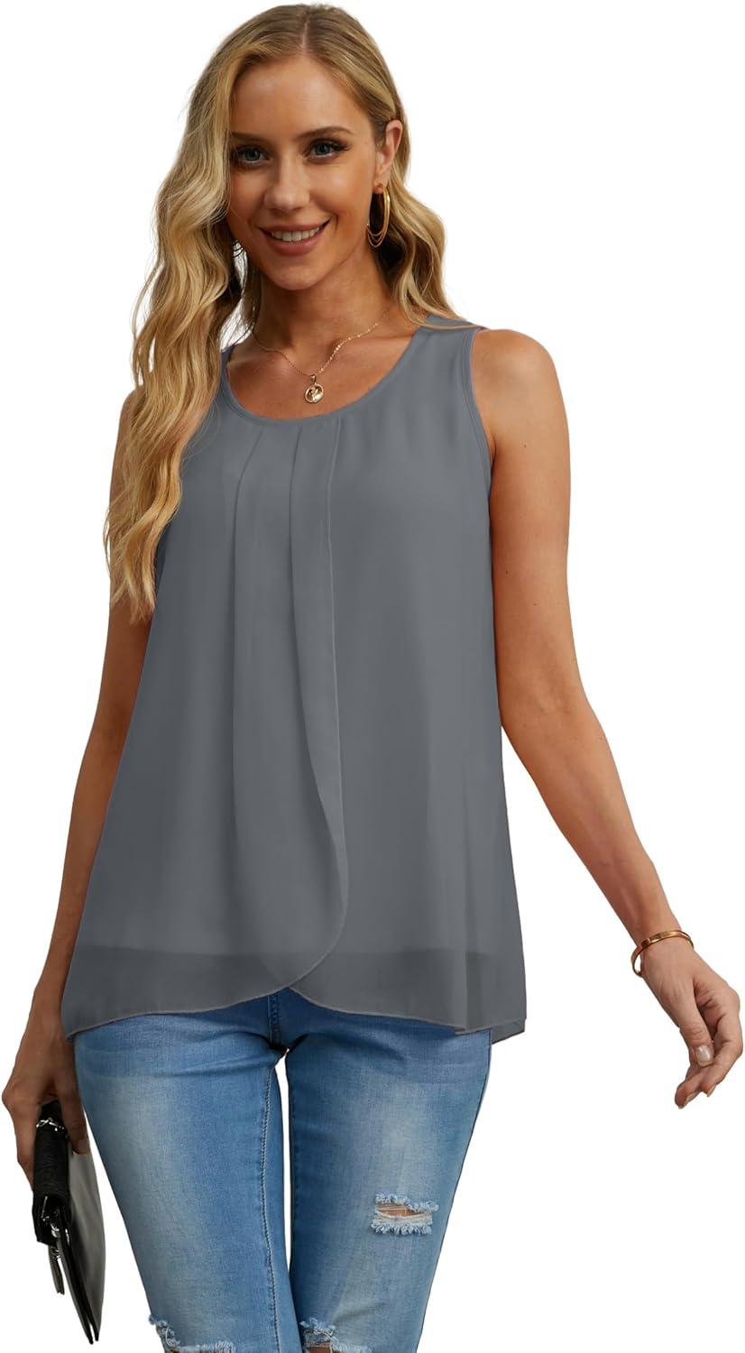 imageIWOLLENCE Womens Summer Tank Tops Sleeveless Chiffon Double Layers Blouse Loose Round Neck Casual Shirts18 Gray