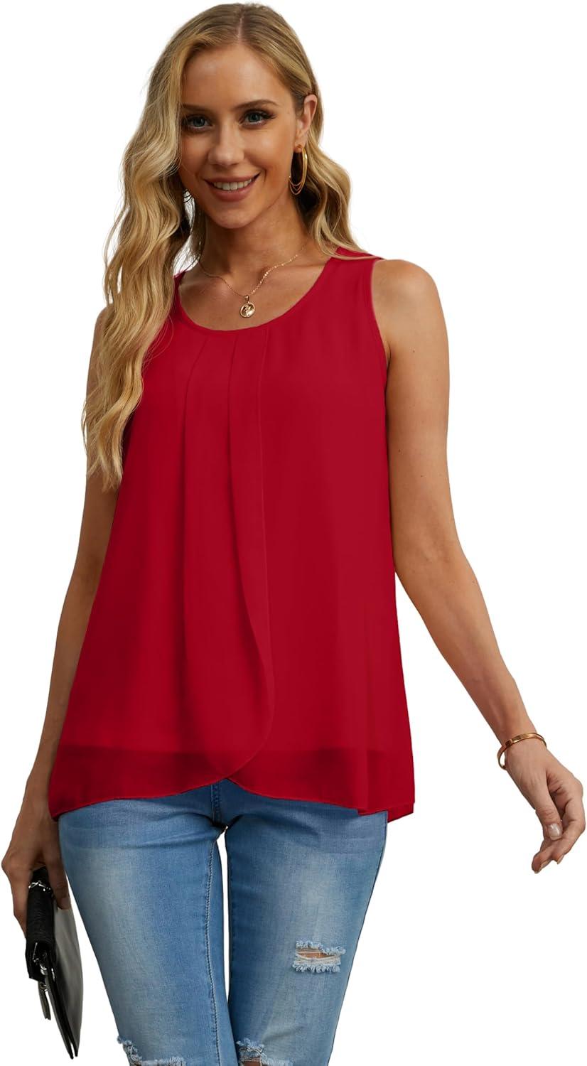 imageIWOLLENCE Womens Summer Tank Tops Sleeveless Chiffon Double Layers Blouse Loose Round Neck Casual Shirts19 Red