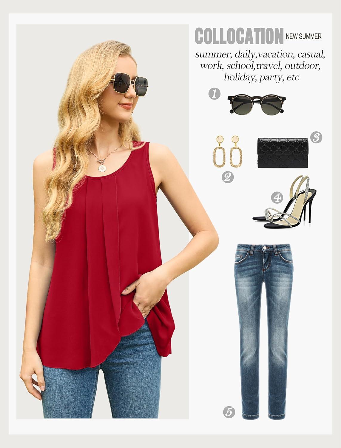 imageIWOLLENCE Womens Summer Tank Tops Sleeveless Chiffon Double Layers Blouse Loose Round Neck Casual Shirts19 Red