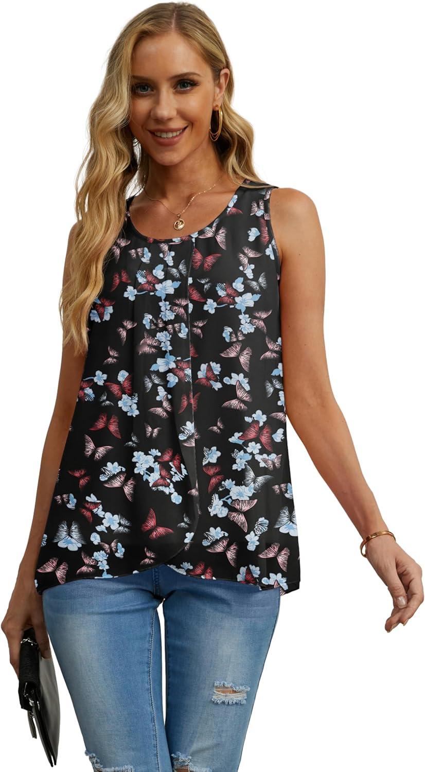 imageIWOLLENCE Womens Summer Tank Tops Sleeveless Chiffon Double Layers Blouse Loose Round Neck Casual Shirts21 Black Butterfly