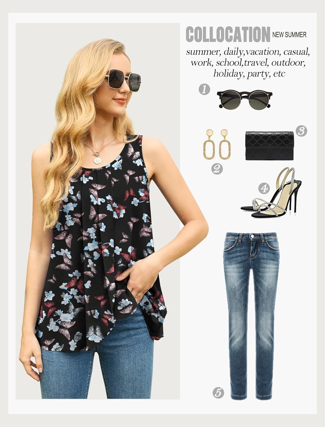 imageIWOLLENCE Womens Summer Tank Tops Sleeveless Chiffon Double Layers Blouse Loose Round Neck Casual Shirts21 Black Butterfly
