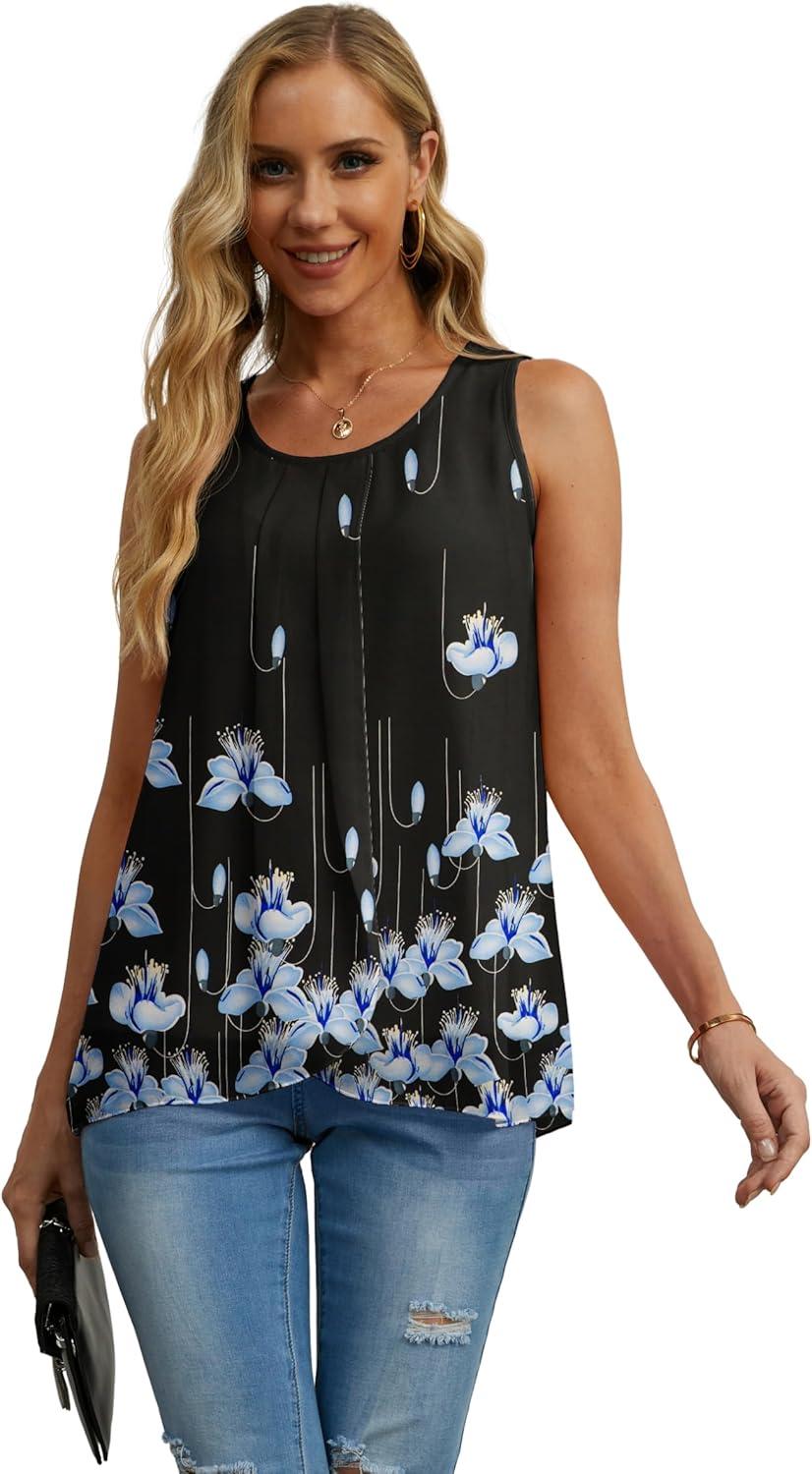 imageIWOLLENCE Womens Summer Tank Tops Sleeveless Chiffon Double Layers Blouse Loose Round Neck Casual Shirts22 Black Kapok