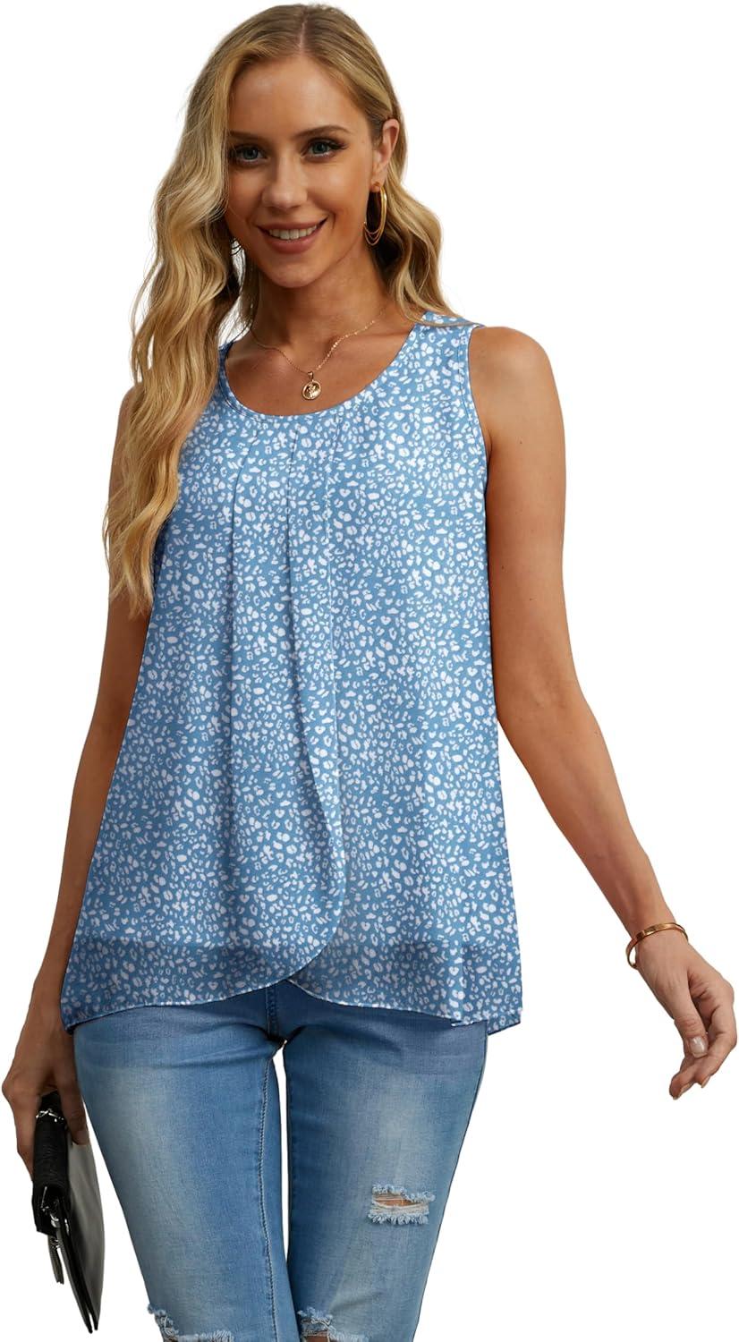 imageIWOLLENCE Womens Summer Tank Tops Sleeveless Chiffon Double Layers Blouse Loose Round Neck Casual Shirts23 Spotted Light Blue