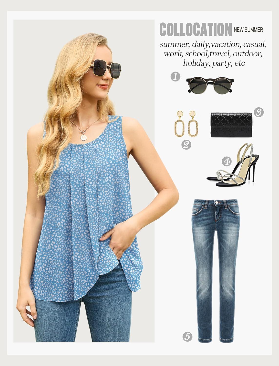 imageIWOLLENCE Womens Summer Tank Tops Sleeveless Chiffon Double Layers Blouse Loose Round Neck Casual Shirts23 Spotted Light Blue