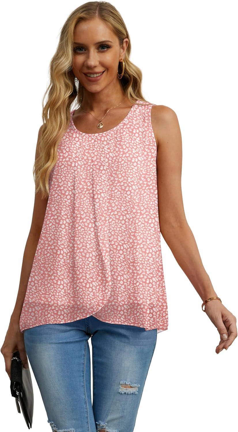 imageIWOLLENCE Womens Summer Tank Tops Sleeveless Chiffon Double Layers Blouse Loose Round Neck Casual Shirts24 Spotted Peach Pink