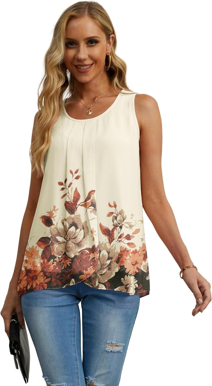 imageIWOLLENCE Womens Summer Tank Tops Sleeveless Chiffon Double Layers Blouse Loose Round Neck Casual Shirts25 White Lotus