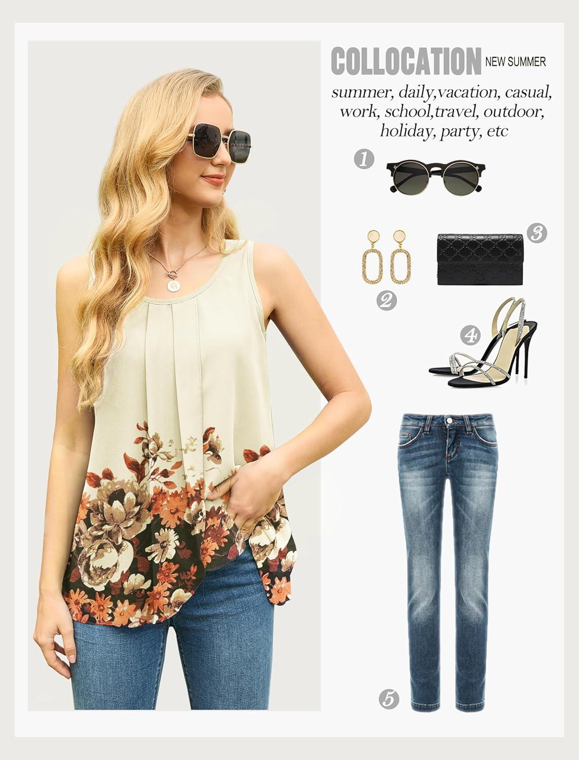 imageIWOLLENCE Womens Summer Tank Tops Sleeveless Chiffon Double Layers Blouse Loose Round Neck Casual Shirts25 White Lotus
