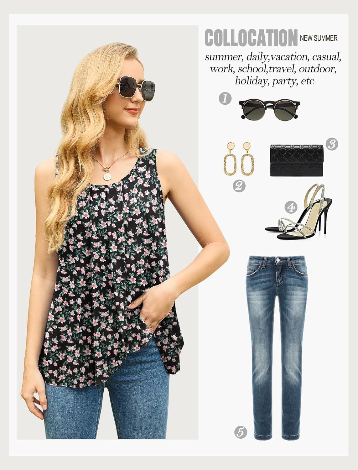 imageIWOLLENCE Womens Summer Tank Tops Sleeveless Chiffon Double Layers Blouse Loose Round Neck Casual Shirts27 Black Daffodil