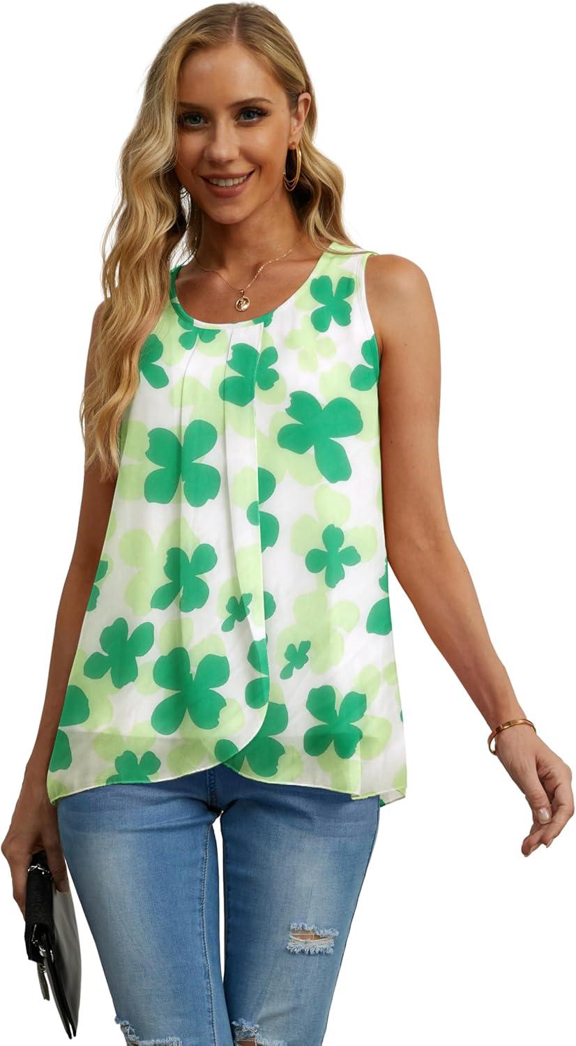 imageIWOLLENCE Womens Summer Tank Tops Sleeveless Chiffon Double Layers Blouse Loose Round Neck Casual Shirts28 White Clover