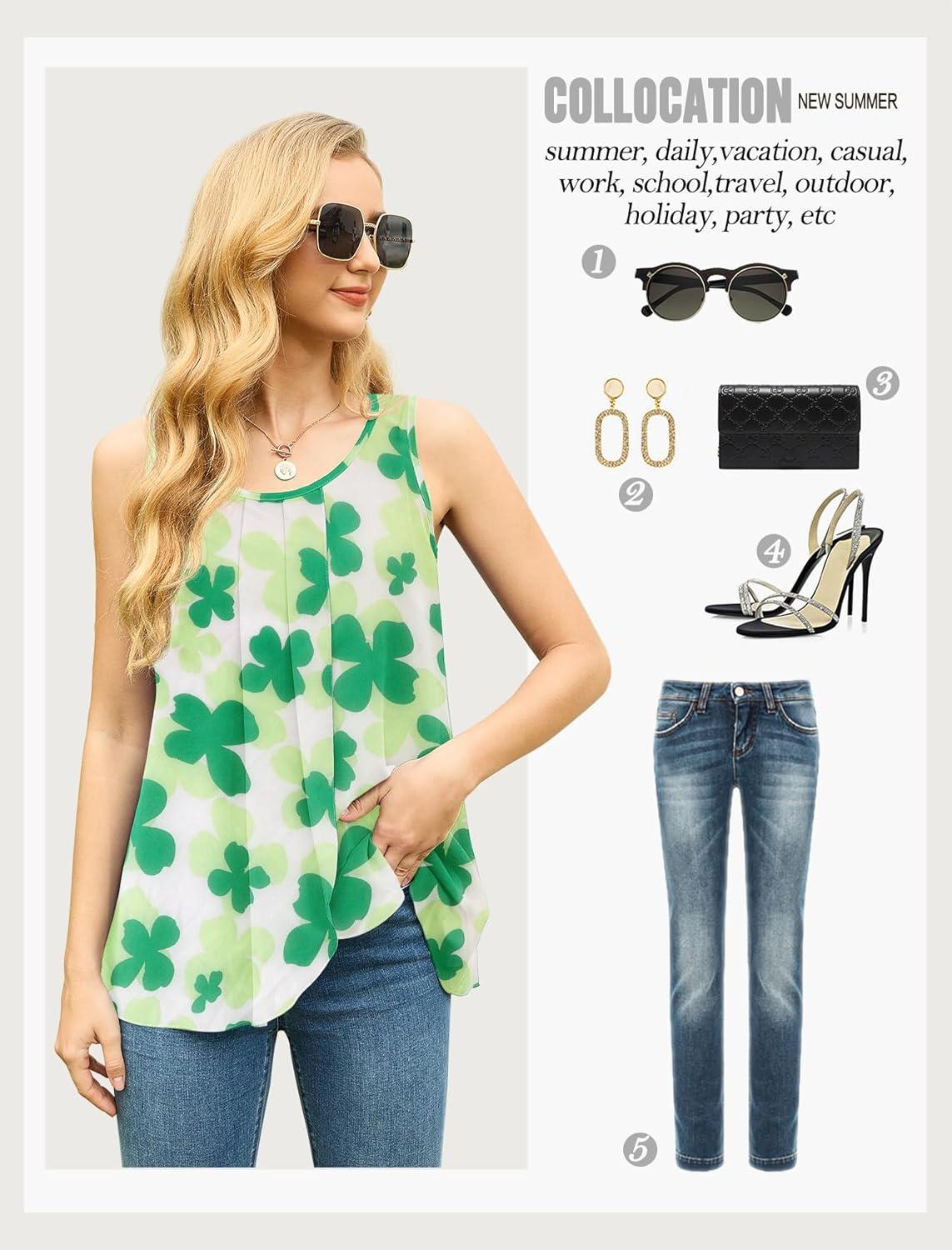 imageIWOLLENCE Womens Summer Tank Tops Sleeveless Chiffon Double Layers Blouse Loose Round Neck Casual Shirts28 White Clover