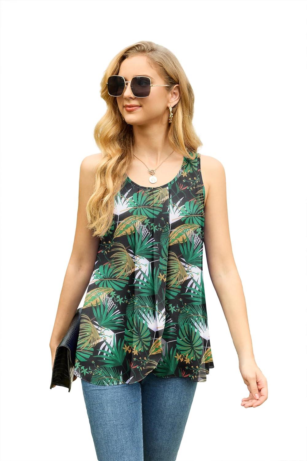 imageIWOLLENCE Womens Summer Tank Tops Sleeveless Chiffon Double Layers Blouse Loose Round Neck Casual Shirts29 Black Palm Leaf