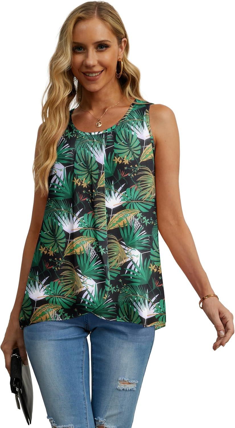 imageIWOLLENCE Womens Summer Tank Tops Sleeveless Chiffon Double Layers Blouse Loose Round Neck Casual Shirts29 Black Palm Leaf