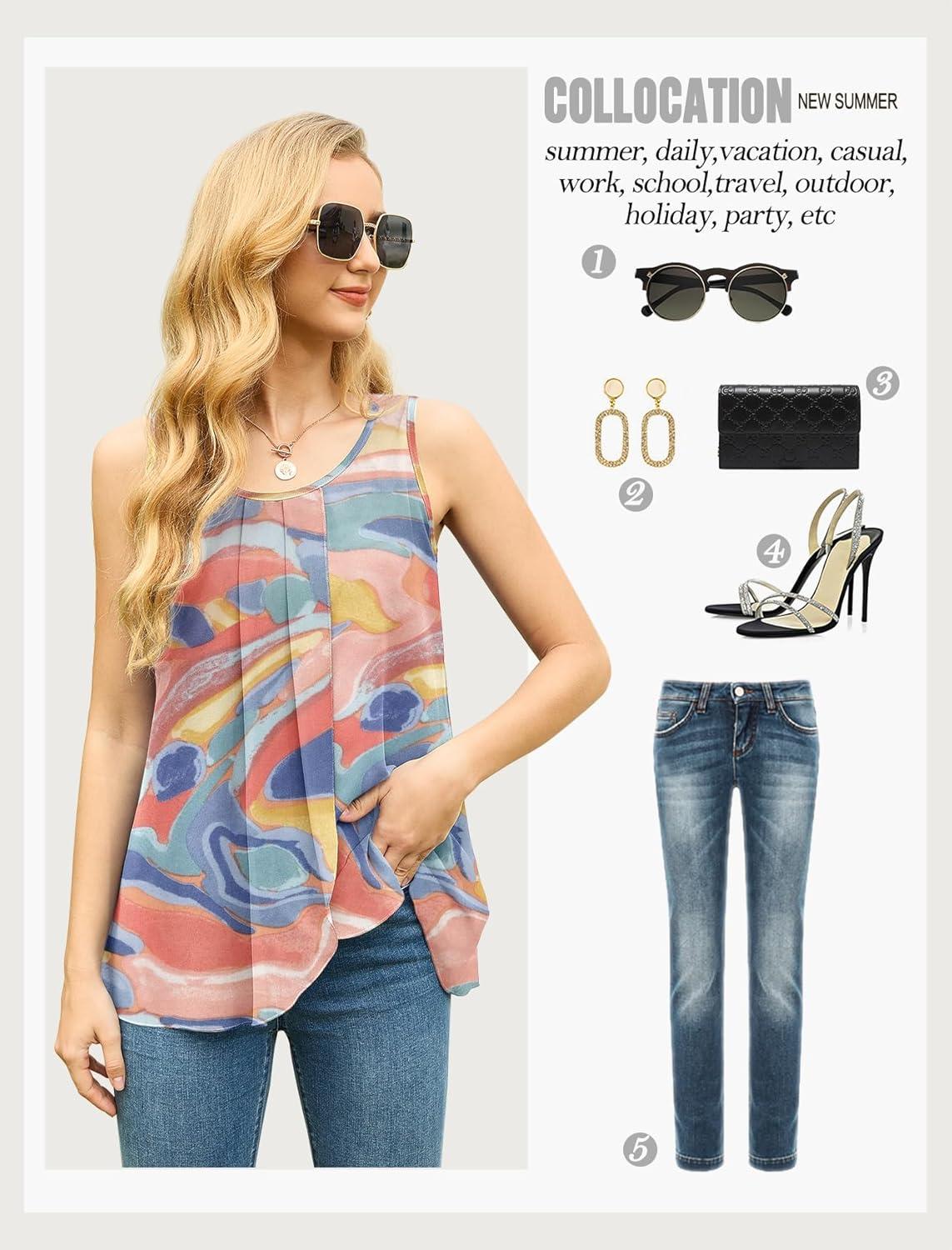 imageIWOLLENCE Womens Summer Tank Tops Sleeveless Chiffon Double Layers Blouse Loose Round Neck Casual Shirts30 Blue Lava
