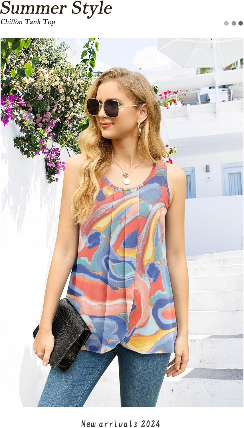 imageIWOLLENCE Womens Summer Tank Tops Sleeveless Chiffon Double Layers Blouse Loose Round Neck Casual Shirts30 Blue Lava