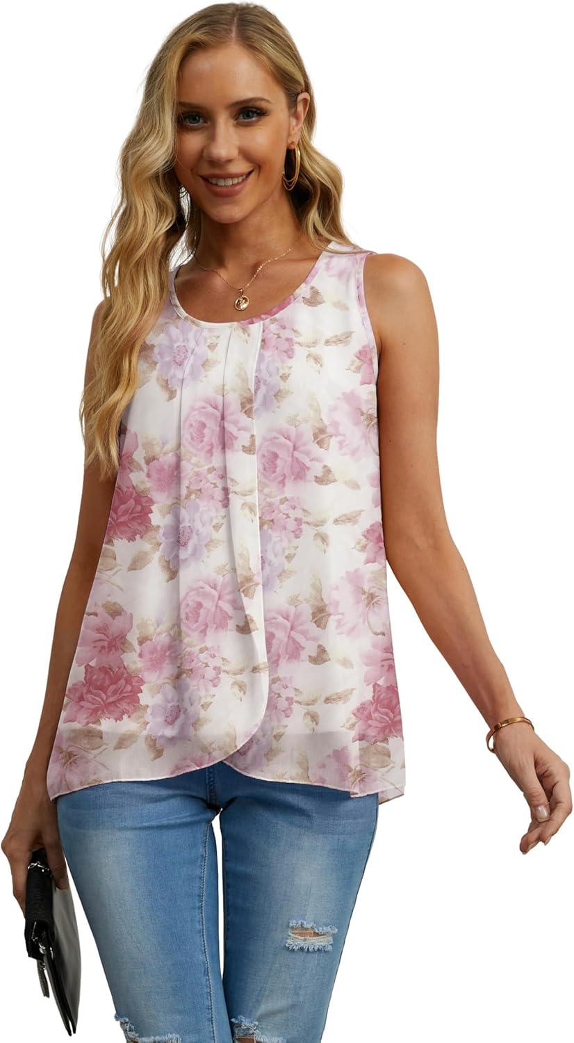 imageIWOLLENCE Womens Summer Tank Tops Sleeveless Chiffon Double Layers Blouse Loose Round Neck Casual Shirts31 White Peony