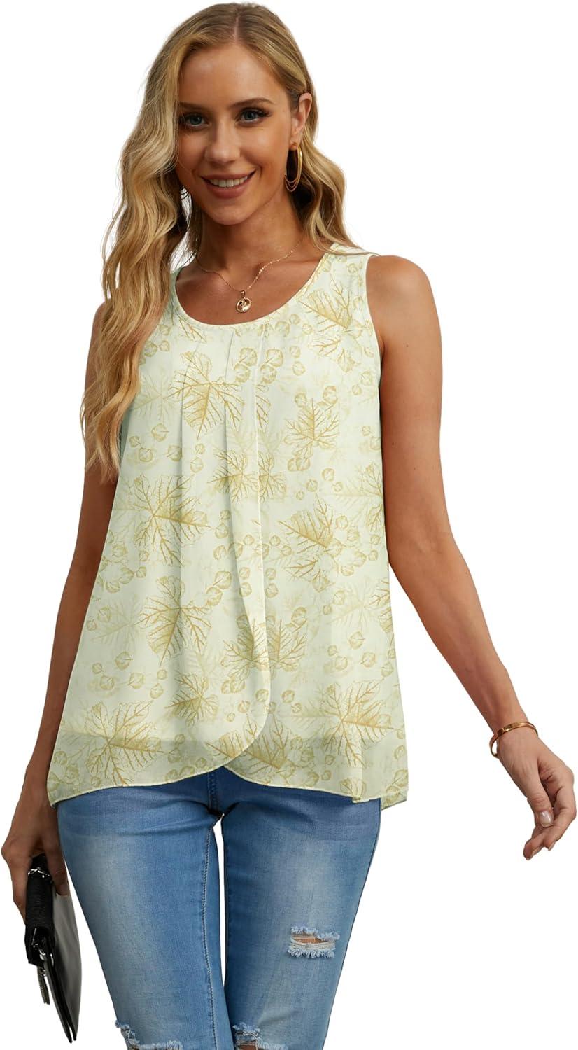 imageIWOLLENCE Womens Summer Tank Tops Sleeveless Chiffon Double Layers Blouse Loose Round Neck Casual Shirts32 Beige Maple