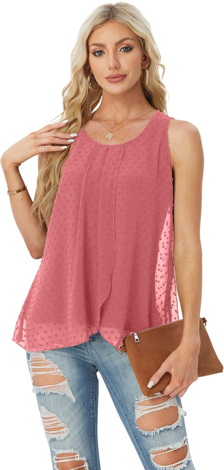 imageIWOLLENCE Womens Summer Tank Tops Sleeveless Chiffon Double Layers Blouse Loose Round Neck Casual Shirts45 Th Watermelon Red