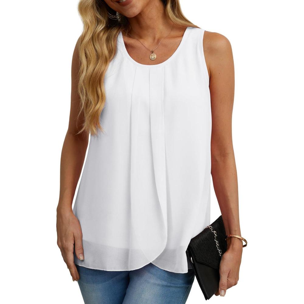 imageIWOLLENCE Womens Summer Tank Tops Sleeveless Chiffon Double Layers Blouse Loose Round Neck Casual Shirts01 White