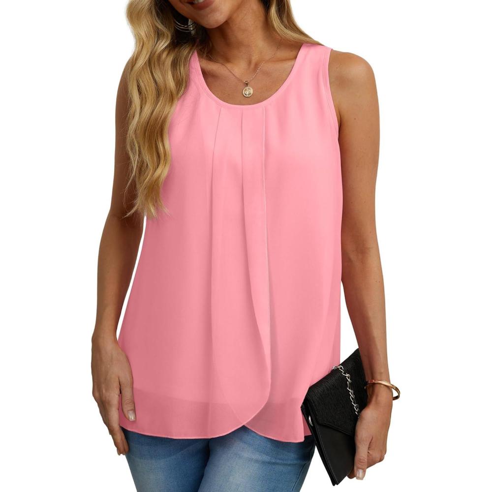 imageIWOLLENCE Womens Summer Tank Tops Sleeveless Chiffon Double Layers Blouse Loose Round Neck Casual Shirts03 Pink