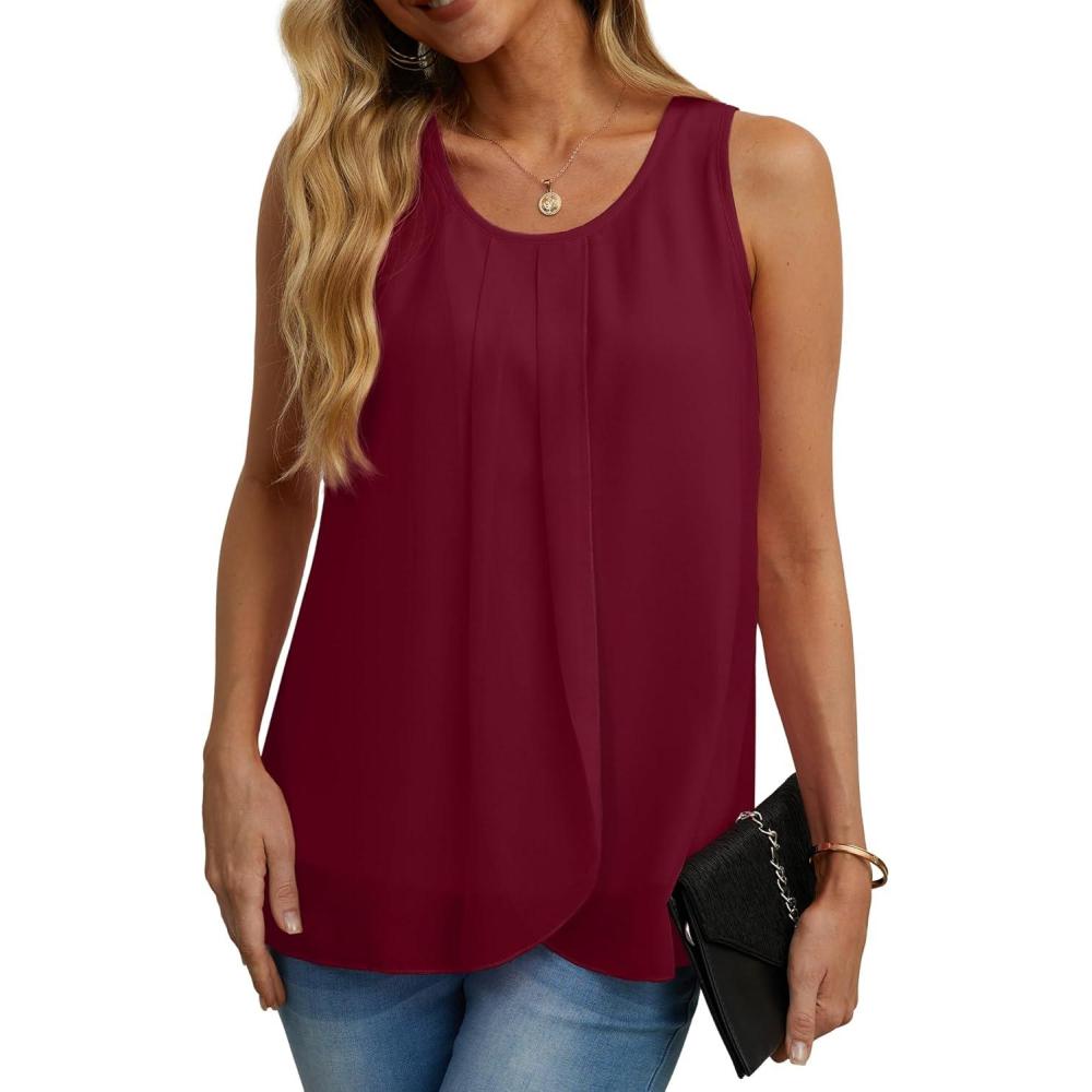 imageIWOLLENCE Womens Summer Tank Tops Sleeveless Chiffon Double Layers Blouse Loose Round Neck Casual Shirts05 Wine Red
