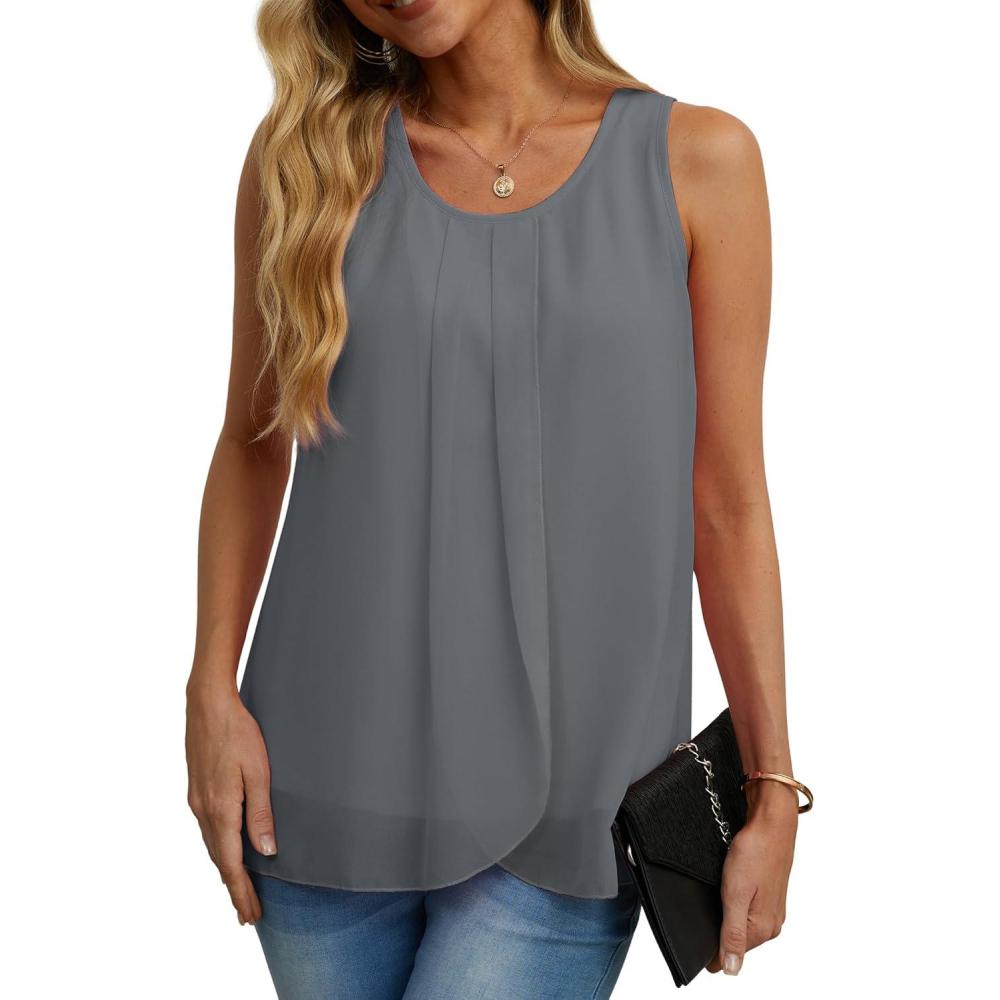 imageIWOLLENCE Womens Summer Tank Tops Sleeveless Chiffon Double Layers Blouse Loose Round Neck Casual Shirts18 Gray