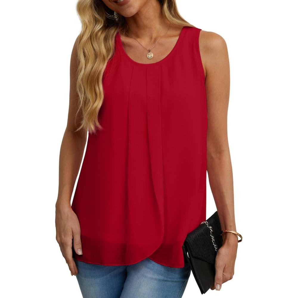 imageIWOLLENCE Womens Summer Tank Tops Sleeveless Chiffon Double Layers Blouse Loose Round Neck Casual Shirts19 Red