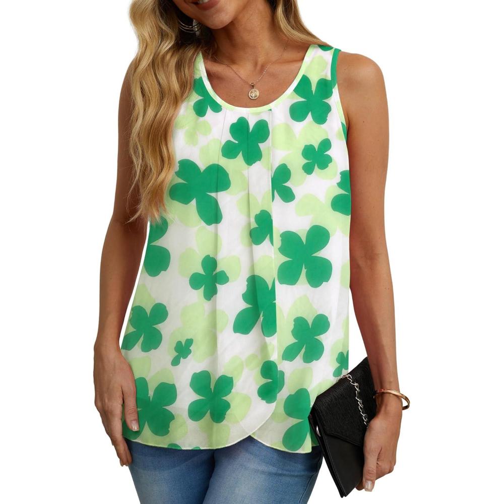 imageIWOLLENCE Womens Summer Tank Tops Sleeveless Chiffon Double Layers Blouse Loose Round Neck Casual Shirts28 White Clover