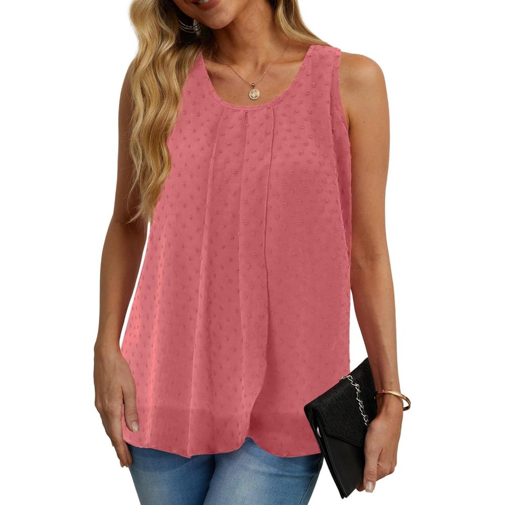 imageIWOLLENCE Womens Summer Tank Tops Sleeveless Chiffon Double Layers Blouse Loose Round Neck Casual Shirts45 Th Watermelon Red