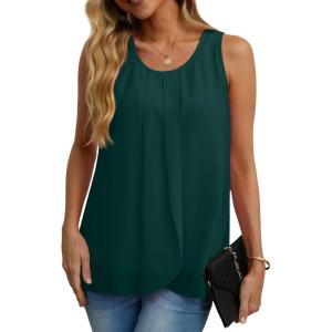 imageIWOLLENCE Womens Summer Tank Tops Sleeveless Chiffon Double Layers Blouse Loose Round Neck Casual Shirts04 Dark Green