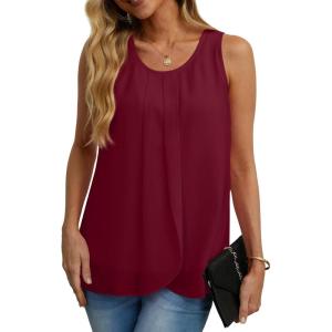 imageIWOLLENCE Womens Summer Tank Tops Sleeveless Chiffon Double Layers Blouse Loose Round Neck Casual Shirts05 Wine Red