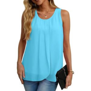 imageIWOLLENCE Womens Summer Tank Tops Sleeveless Chiffon Double Layers Blouse Loose Round Neck Casual Shirts07 Light Blue