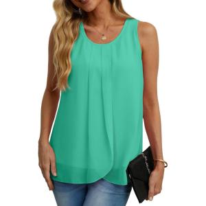 imageIWOLLENCE Womens Summer Tank Tops Sleeveless Chiffon Double Layers Blouse Loose Round Neck Casual Shirts17 Cyan