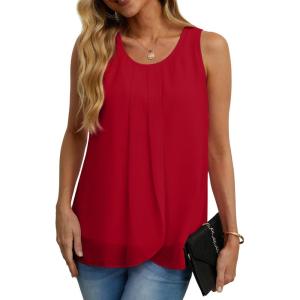 imageIWOLLENCE Womens Summer Tank Tops Sleeveless Chiffon Double Layers Blouse Loose Round Neck Casual Shirts19 Red