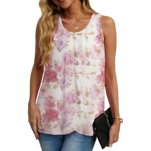 imageIWOLLENCE Womens Summer Tank Tops Sleeveless Chiffon Double Layers Blouse Loose Round Neck Casual Shirts31 White Peony