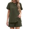 imageIWOLLENCE Womens 2 Piece Sets Summer Lounge Set Casual Short Sleeve Round Neck Tops and Elastic Waist Short Outfits TracksuitArmy Green