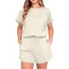 imageIWOLLENCE Womens 2 Piece Sets Summer Lounge Set Casual Short Sleeve Round Neck Tops and Elastic Waist Short Outfits TracksuitBeige