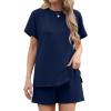 imageIWOLLENCE Womens 2 Piece Sets Summer Lounge Set Casual Short Sleeve Round Neck Tops and Elastic Waist Short Outfits TracksuitNavy Blue