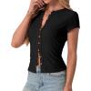 imageIWOLLENCE Womens Casual Lightweight Ribbed Knit Short Sleeve Tops Crewneck Button Down Shirt Slim Fit Y2K CardiganC Black