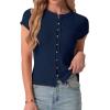 imageIWOLLENCE Womens Casual Lightweight Ribbed Knit Short Sleeve Tops Crewneck Button Down Shirt Slim Fit Y2K CardiganC Navy Blue