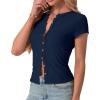 imageIWOLLENCE Womens Casual Lightweight Ribbed Knit Short Sleeve Tops Crewneck Button Down Shirt Slim Fit Y2K CardiganC Navy Blue