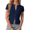 imageIWOLLENCE Womens Casual Lightweight Ribbed Knit Short Sleeve Tops Crewneck Button Down Shirt Slim Fit Y2K CardiganC Navy Blue