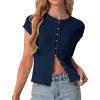 imageIWOLLENCE Womens Casual Lightweight Ribbed Knit Short Sleeve Tops Crewneck Button Down Shirt Slim Fit Y2K CardiganC Navy Blue